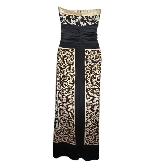 Nicole Miller Black & Gold Silk Floral Filigree Strapless Dress Gown Size 10 - Picture 2 of 10